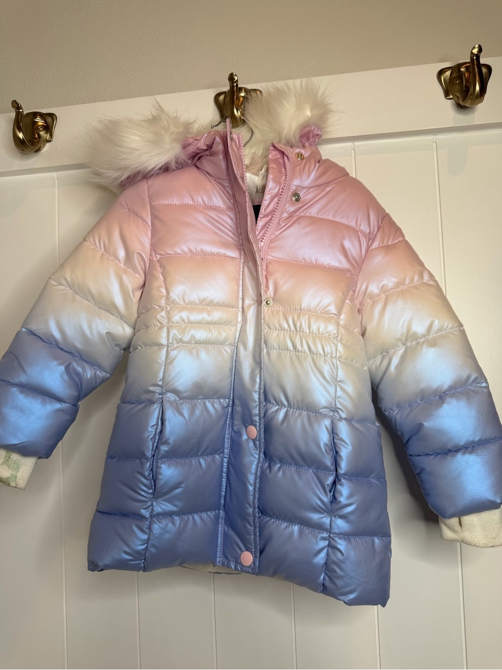 Girls' Ombre Faux-Fur Hooded Puffer Jacket - Pink, White, Blue